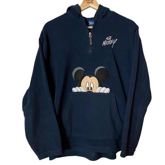 Disney VTG Mickey Mouse Fleece Zip Navy Hood Pullover Y2K Sweatshirt SZ Med EUC - Picture 1 of 7